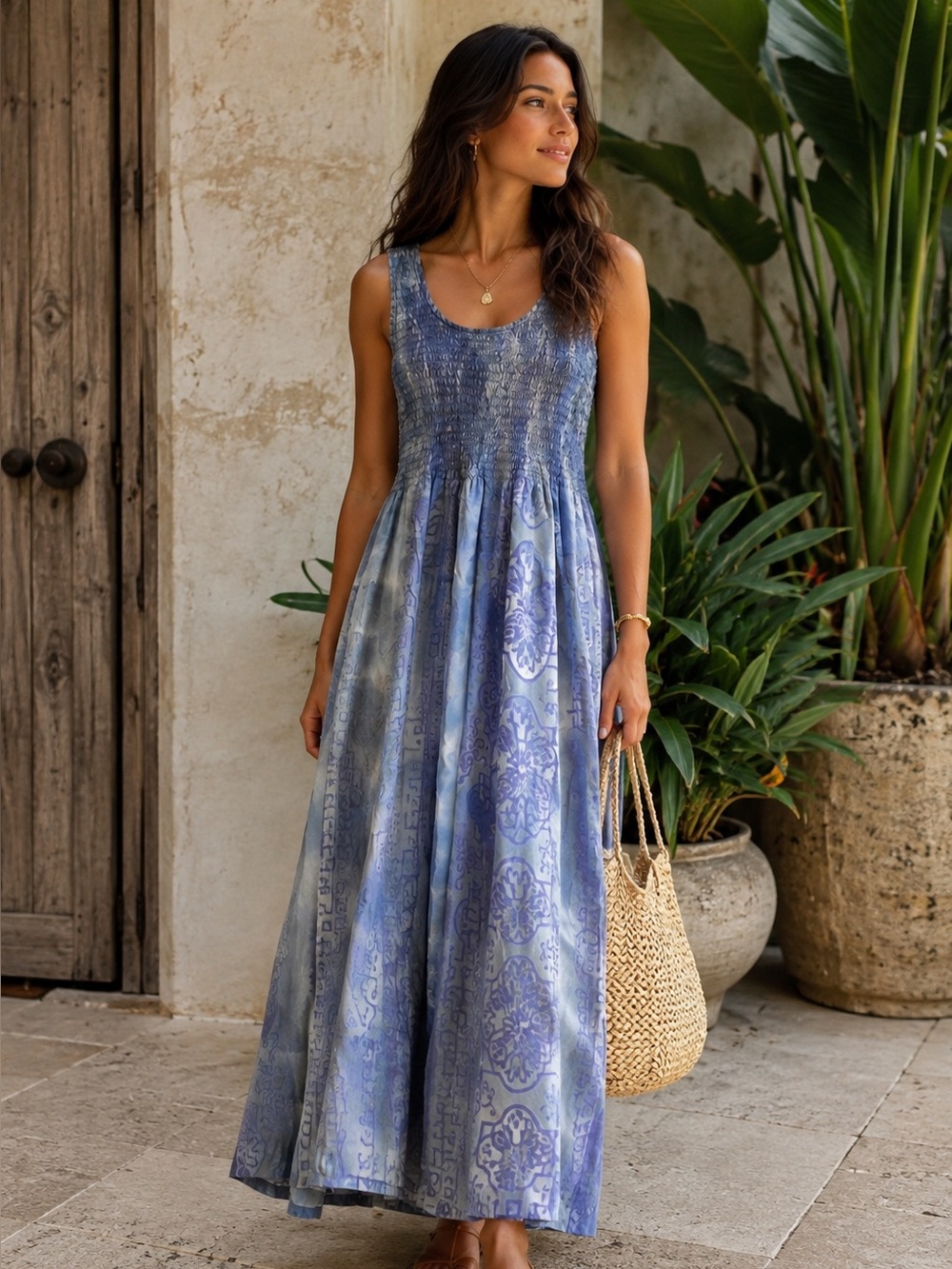 Laurel Oaks Bali Vintage 90s Rayon Batik Smocked Maxi Dress M Boho Resortwear